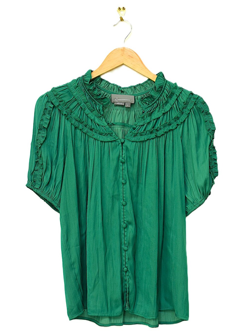 Anthropologie Shirred Peasant Blouse Green Emerald Ruffle Button Front Sz S Boho - Picture 3 of 13